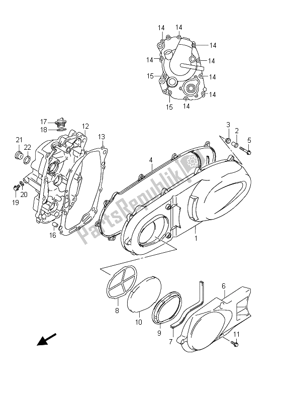 All parts for the Crankcase Cover of the Suzuki UX 150 Sixteen 2008