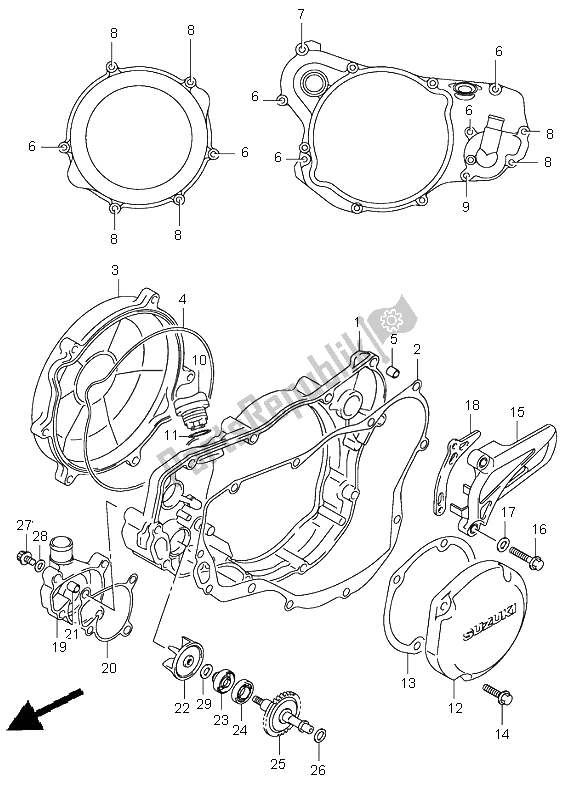 All parts for the Crankcase Cover & Water Pump of the Suzuki RM 250 2003