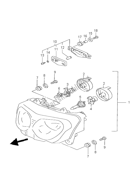 All parts for the Headlamp (e4-e17-e18-e22-e25-e34-p37) of the Suzuki GSX 750F 1998