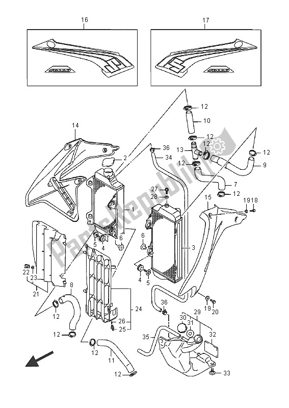 Alle onderdelen voor de Radiator van de Suzuki RMX 450Z 2016