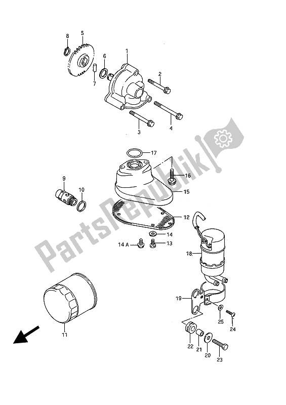 All parts for the Oil Pump & Fuel Pump of the Suzuki VS 1400 GLP Intruder 1989