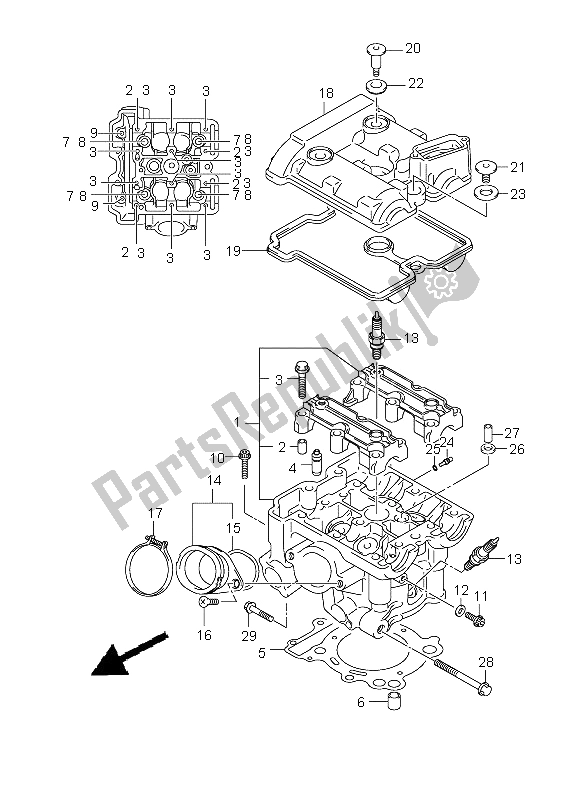 All parts for the Rear Cylinder Head of the Suzuki SV 650 Nsnasa 2008