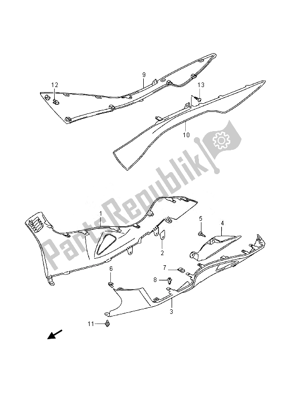 All parts for the Side Leg Shield (an400za E02) of the Suzuki Burgman AN 400 AZA 2014