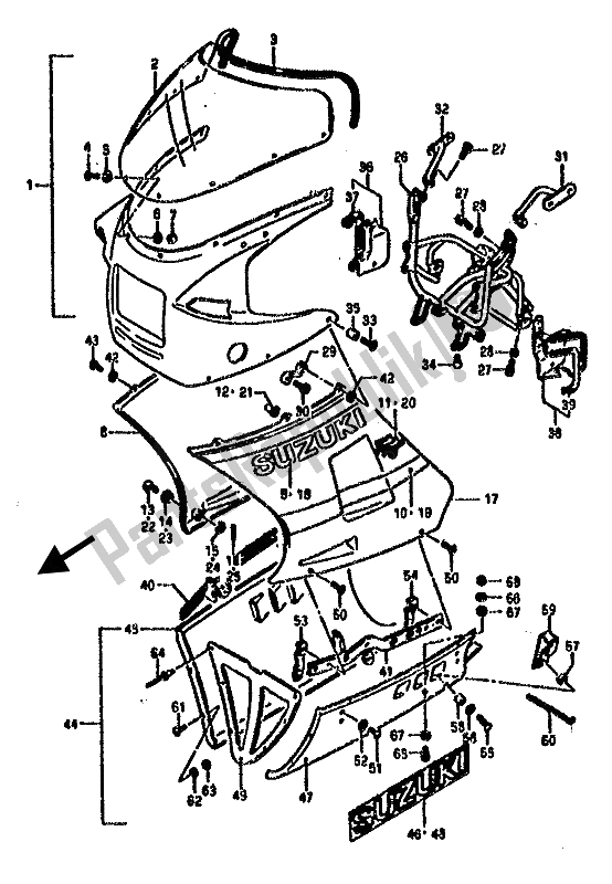 All parts for the Cowling (e2-e15-e16-e17-e21-e22-e25-e34-e39) of the Suzuki RG 500 Gamma 1986