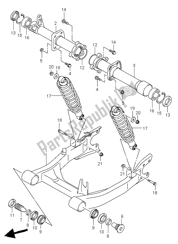 All parts for the Rear Swingingarm of the Suzuki LT A 500F Vinson 4X4 2006