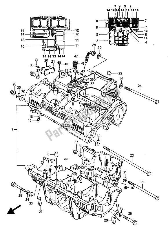 All parts for the Crankcase ( E. 102247) of the Suzuki GSX 1100 1150 Eesef 1985