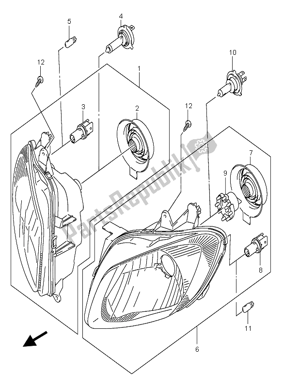 All parts for the Headlamp (e19) of the Suzuki AN 650A Burgman Executive 2005