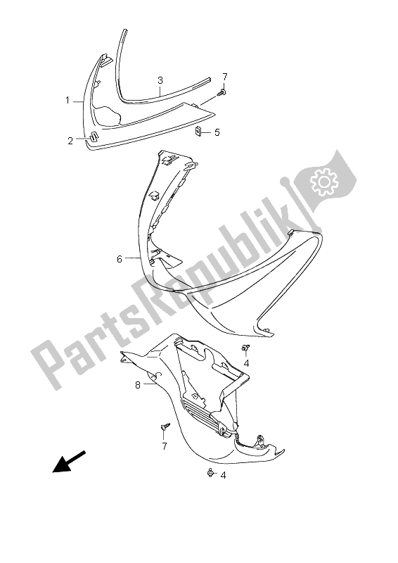 All parts for the Front Leg Shield of the Suzuki UH 200 Burgman 2009