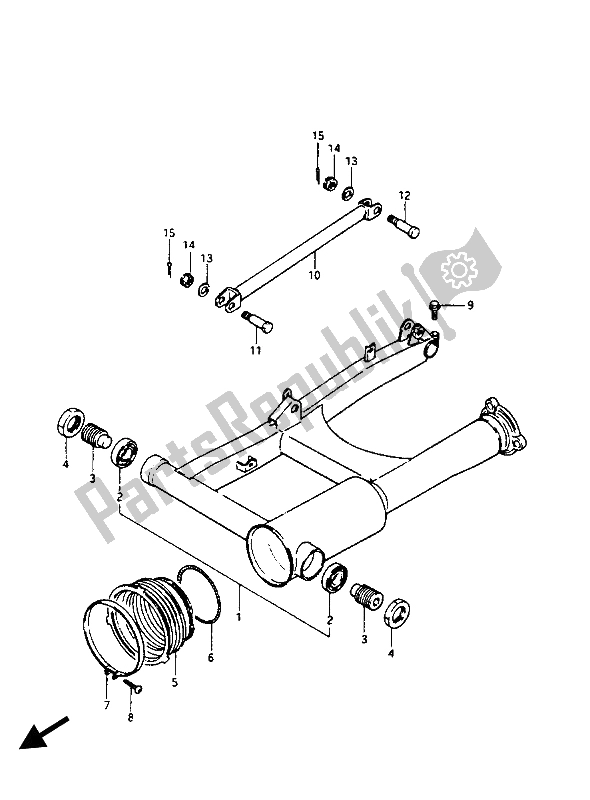 Alle onderdelen voor de Achterste Zwenkarm van de Suzuki GV 1400 GD 1988