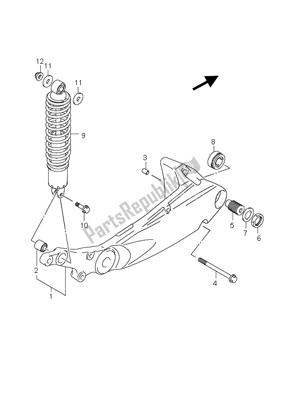 All parts for the Rear Swinging Arm of the Suzuki AN 650A Burgman Executive 2010