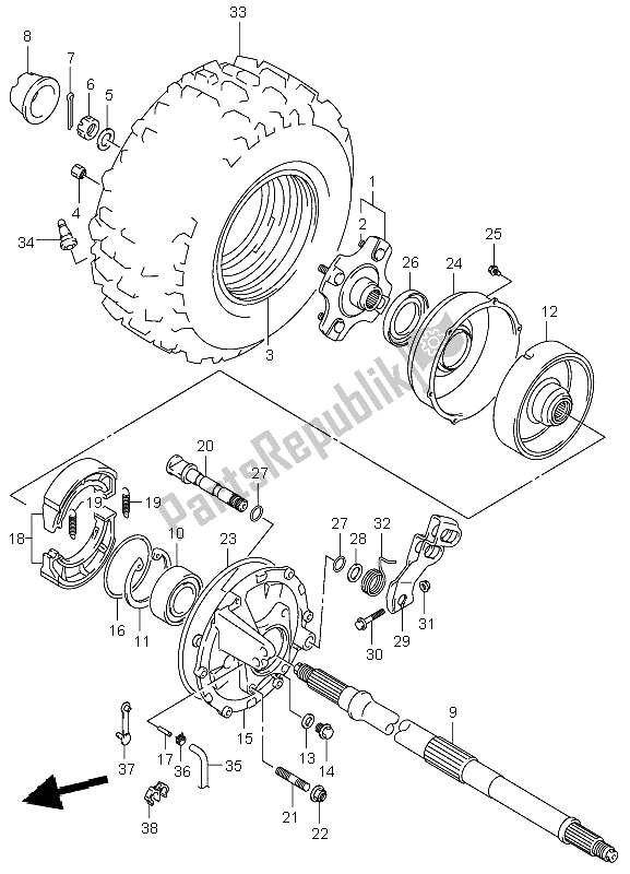 All parts for the Right Rear Wheel of the Suzuki LT F 250 Ozark 2002