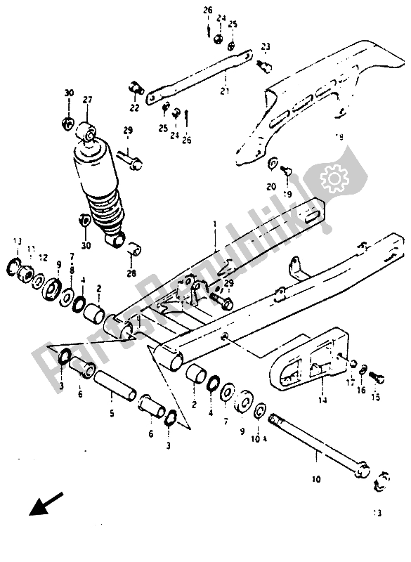 All parts for the Rear Swinging Arm of the Suzuki RG 125 CUC Gamma 1987
