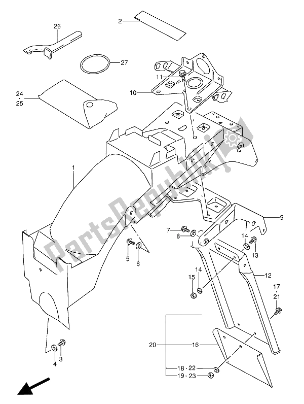 Alle onderdelen voor de Achterspatbord (model J-k-l-m-n-p-r) van de Suzuki GSX 600 FUU2 1991