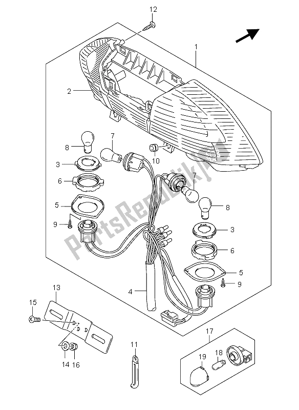 All parts for the Rear Combination Lamp (e2-e19-e24-e71) of the Suzuki AN 250 Burgman 2005