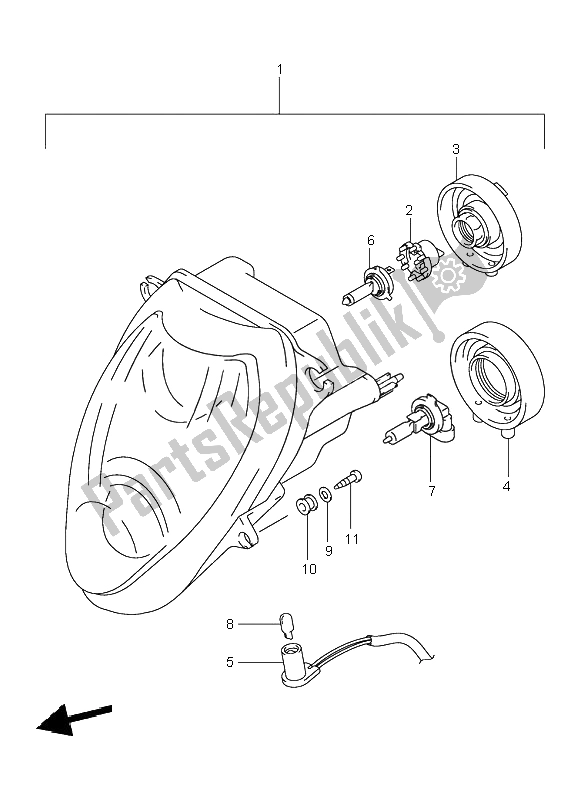 Alle onderdelen voor de Koplamp (e2) van de Suzuki GSX 1300R Hayabusa 2001