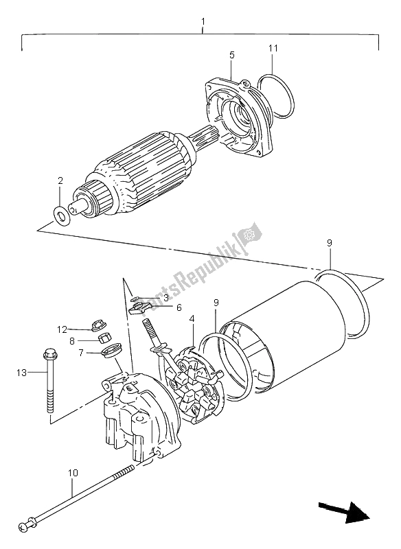 All parts for the Starting Motor of the Suzuki VS 800 Intruder 2000