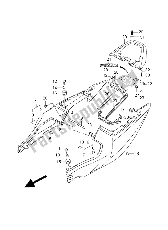 All parts for the Seat Tail Cover (sv1000s-s1-s2) of the Suzuki SV 1000 NS 2004