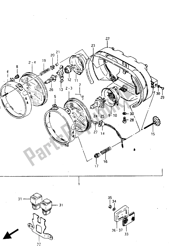 All parts for the Headlamp (e1-e2-e4-e15-e16-e17-e21-e22-e24-e39) of the Suzuki GSX R 750R 1986