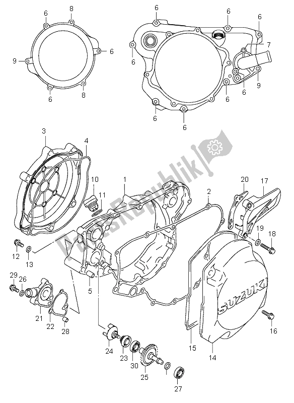 All parts for the Crankcase Cover & Water Pump of the Suzuki RM 125 2003