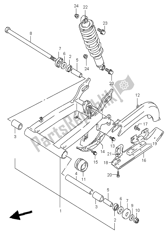 All parts for the Rear Swinging Arm of the Suzuki LT F 160 Quadrunner 2004