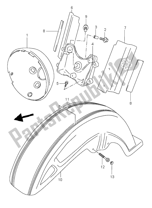 All parts for the Front Fender of the Suzuki VL 1500 Intruder LC 2001