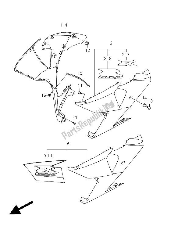 All parts for the Side Cowling of the Suzuki GSX R 1000Z 2010