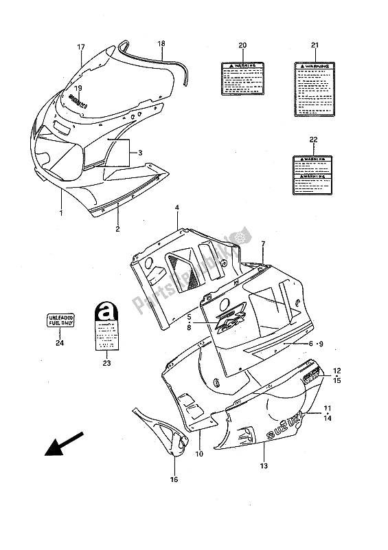 All parts for the Cowling Body (3cg-05x) of the Suzuki GSX R 1100 1991