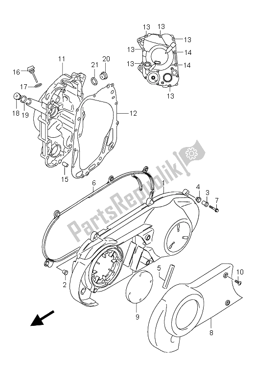 All parts for the Crankcase Cover of the Suzuki UH 200 Burgman 2009