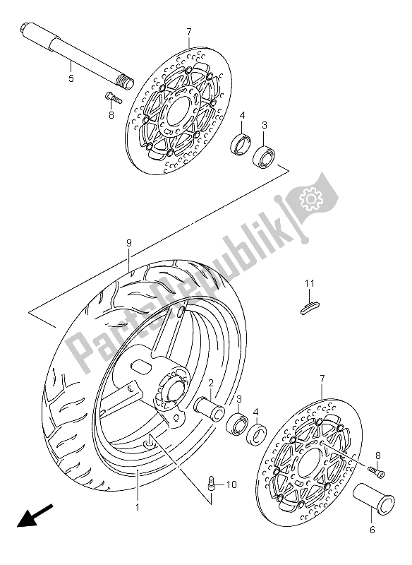 All parts for the Front Wheel of the Suzuki GSX R 600 2004