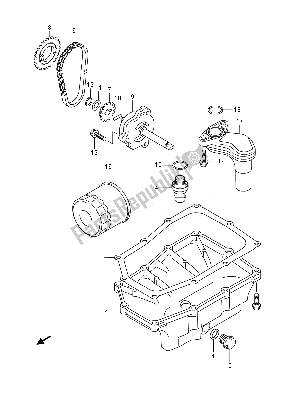 All parts for the Oil Pan & Oil Pump of the Suzuki GW 250 Inazuma 2014