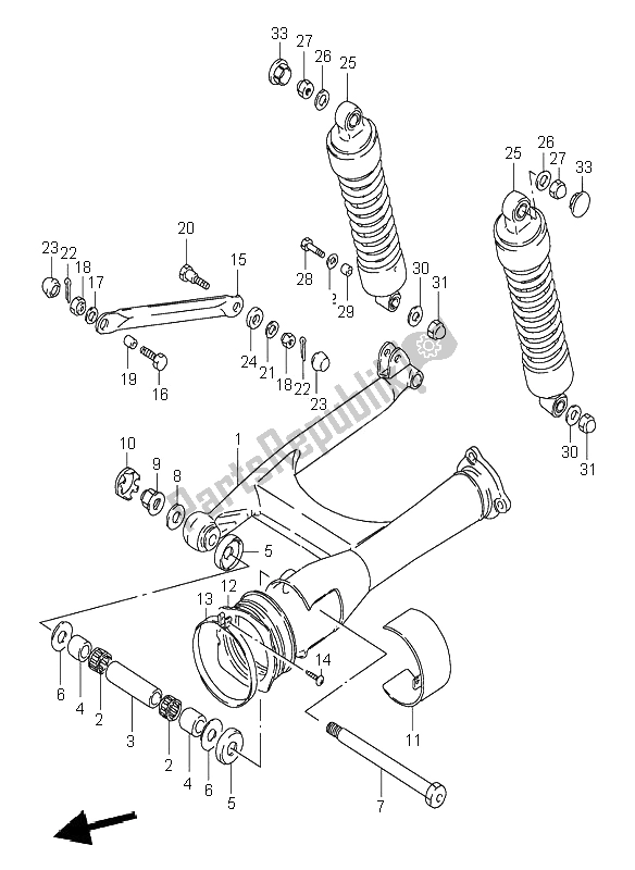 All parts for the Rear Swinging Arm of the Suzuki VS 800 Intruder 1996