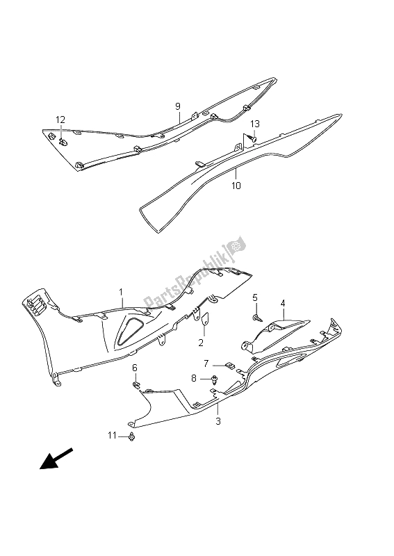 All parts for the Side Leg Shield (an400za E19) of the Suzuki Burgman AN 400 AZA 2011