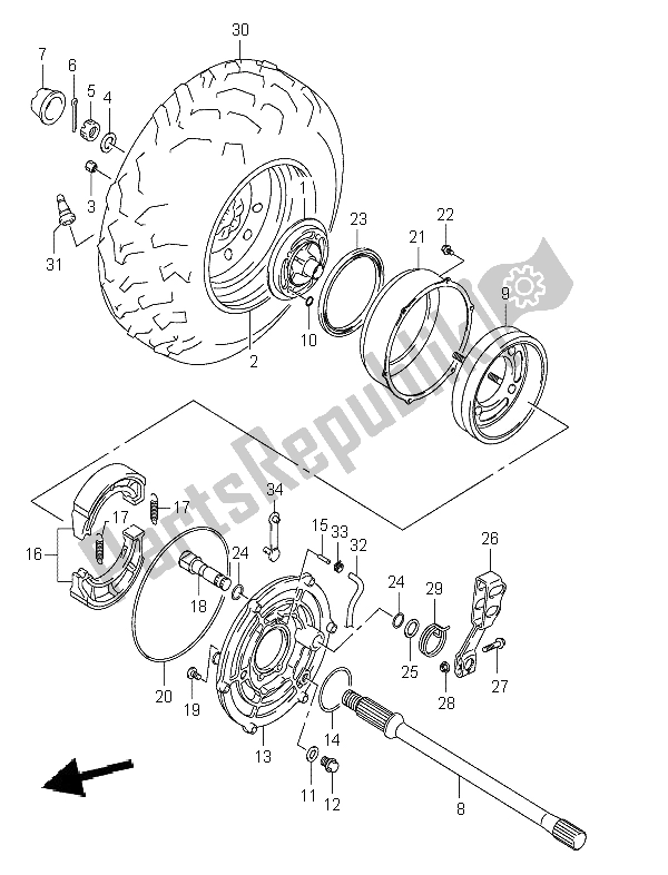 All parts for the Right Rear Wheel of the Suzuki LT A 400F Eiger 4X4 2002