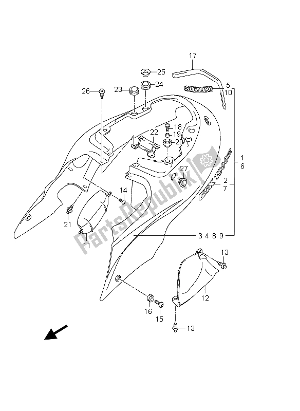 All parts for the Frame Cover of the Suzuki GSX 1300R Hayabusa 2004