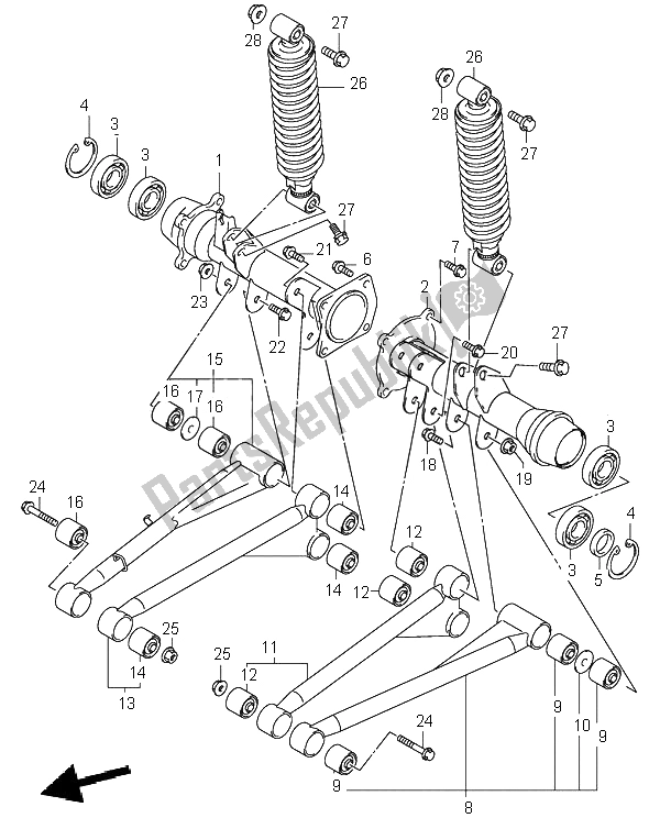 All parts for the Rear Axle Housing of the Suzuki LT A 500F Quadmaster 2001