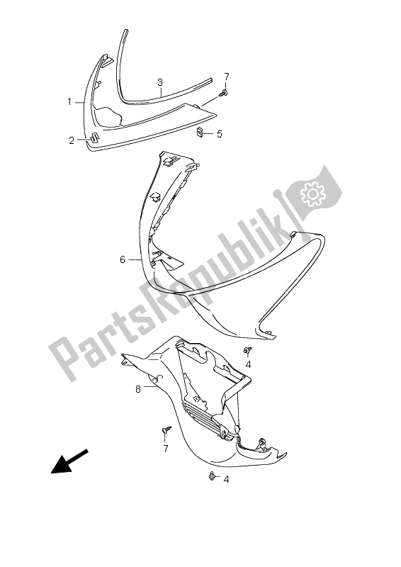 All parts for the Front Leg Shield of the Suzuki UH 125 Burgman 2007