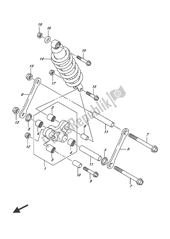 All parts for the Rear Cushion Lever of the Suzuki VL 1500 BT Intruder 2016