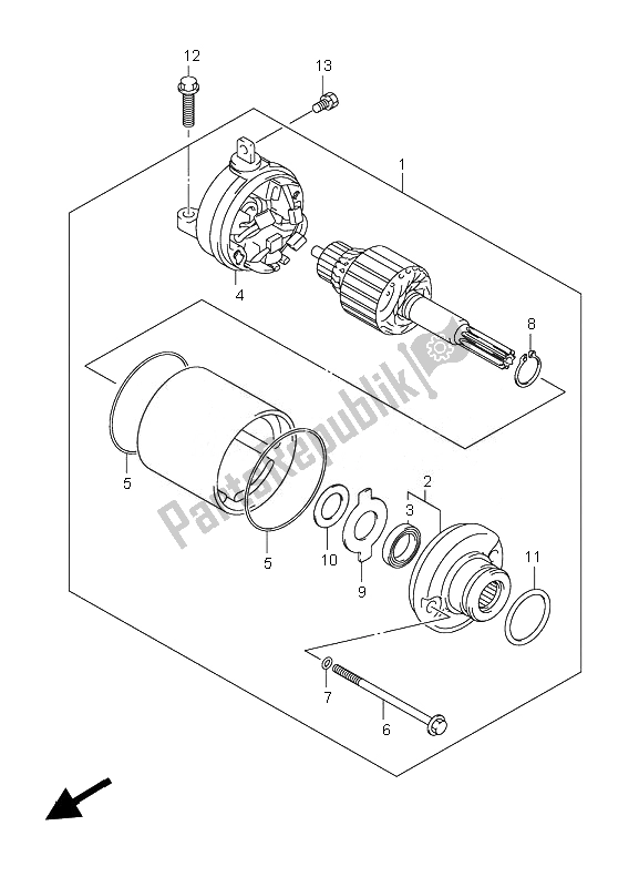 All parts for the Starting Motor of the Suzuki LT R 450Z Quadracer 2010