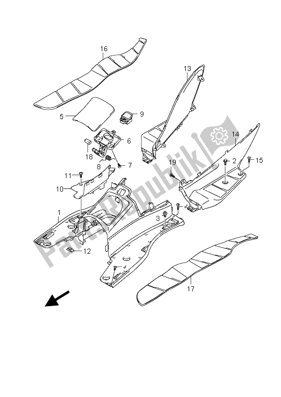 All parts for the Rear Leg Shield of the Suzuki UH 125 Burgman 2009