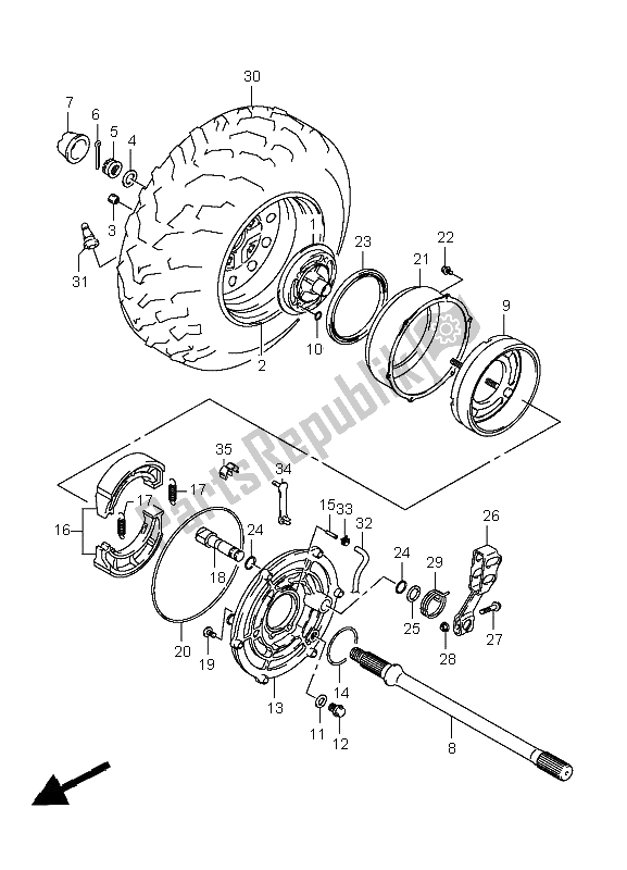 All parts for the Right Rear Wheel of the Suzuki LT A 400F Kingquad 4X4 2008