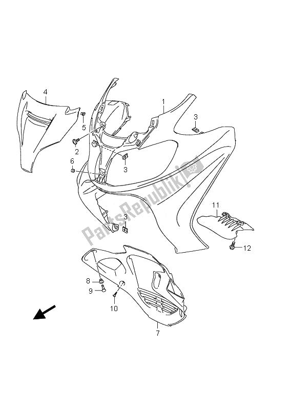 All parts for the Front Leg Shield (an650) of the Suzuki AN 650A Burgman Executive 2010