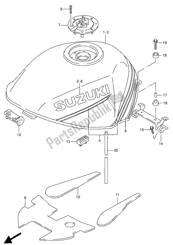 Alle onderdelen voor de Benzinetank van de Suzuki RF 900R 1994