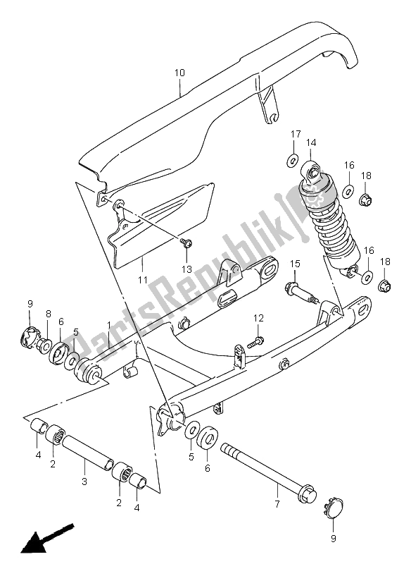 All parts for the Rear Swinging Arm of the Suzuki LS 650 Savage 2000