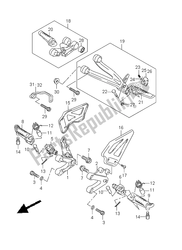 All parts for the Footrest of the Suzuki GSX R 1000 2002