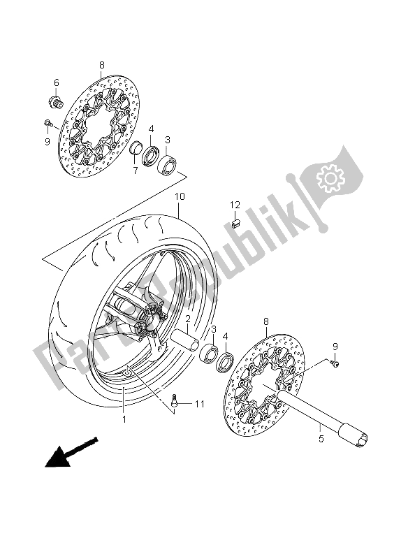 All parts for the Front Wheel of the Suzuki GSX R 750 2009