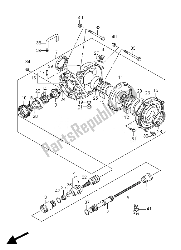 All parts for the Final Bevel Gear (rear) of the Suzuki LT A 450X Kingquad 4X4 2007