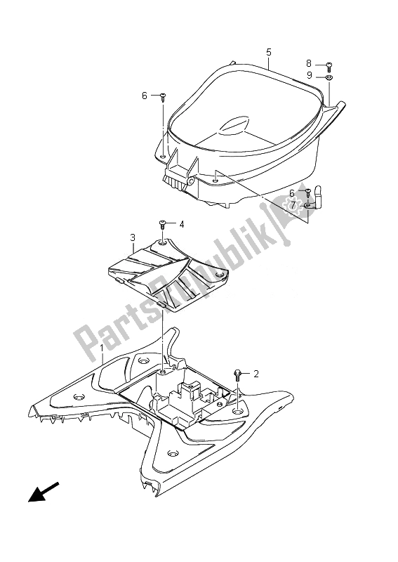 All parts for the Rear Leg Shield of the Suzuki UX 150 Sixteen 2010