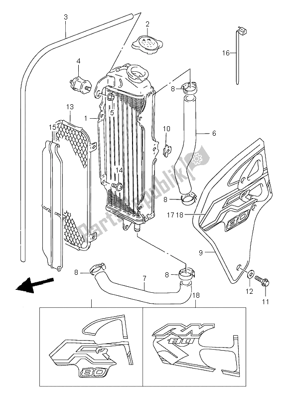 All parts for the Radiator of the Suzuki RM 80 2001