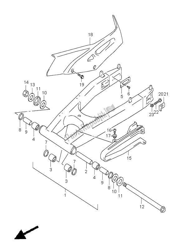 All parts for the Rear Swinging Arm of the Suzuki XF 650 Freewind 2001