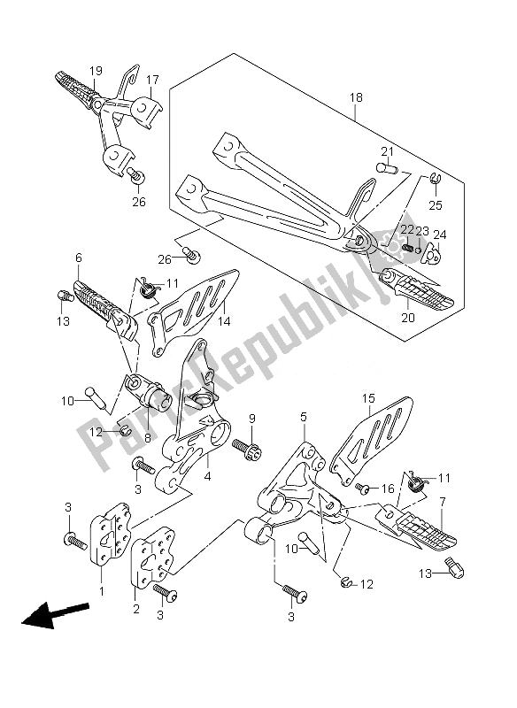 All parts for the Footrest of the Suzuki GSX R 750 2007